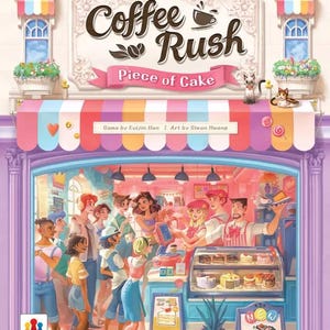 Op de afbeelding: De doos van het bordspel Coffee Rush Piece of Cake toont een kleurrijke cafégevel met een gestreepte luifel, een vitrine vol met diverse taarten en een groep diverse klanten die in de rij staan om bediend te worden door personeel.
