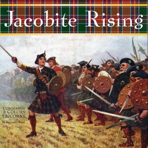 Op de afbeelding: Een bordspeldoos met een schilderij van soldaten in kilt en de titel "Jacobite Rising: Commands & Colors Tricorne door Richard Borg". De doos heeft ook een kompas en de tekst "Compass Games: New Directions in Gaming".