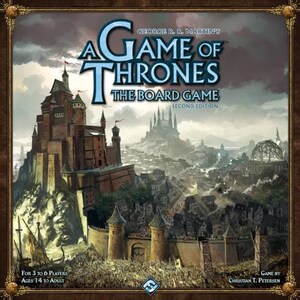 May include: A Game of Thrones board game box art featuring a detailed illustration of King's Landing, a large city with a castle on a hill. The text on the box reads "George R.R. Martin's A Game of Thrones The Board Game Second Edition".