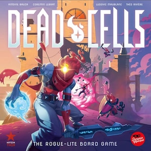 Puede incluir: Un juego de mesa basado en el videojuego Dead Cells. La portada muestra un personaje rojo y azul sosteniendo una esfera azul, con una explosión rosa detrás de él. El juego se llama "Dead Cells: The Rogue-Lite Board Game".