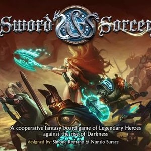 Könnte beinhalten: Ein kooperatives Fantasy-Brettspiel namens "Sword & Sorcery". Das Spiel bietet legendäre Helden, die gegen den Aufstieg der Dunkelheit kämpfen. Die Schachtel zeigt eine Gruppe von Helden, die gegen monströse Kreaturen kämpfen.