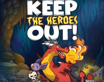Pode incluir: Um jogo de tabuleiro de defesa de masmorra chamado "Keep the Heroes Out!" com um dragão vermelho que cospe fogo, um goblin e um esqueleto. O jogo é feito pela Brueh Games.