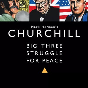 Può includere: Una copertina di gioco da tavolo con ritratti di Joseph Stalin, Winston Churchill e Franklin D. Roosevelt. Il titolo del gioco è "Churchill: Big Three Struggle for Peace".