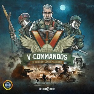 Könnte beinhalten: Ein Brettspiel-Karton mit dunkelblauem Hintergrund und einem großen roten V in der Mitte. Das V ist von drei Soldaten in Militäruniform umgeben. Der Titel des Spiels lautet "V*Commandos: Infiltration * Combat * Sabotage". Das Spiel wurde von Triton Noir hergestellt.