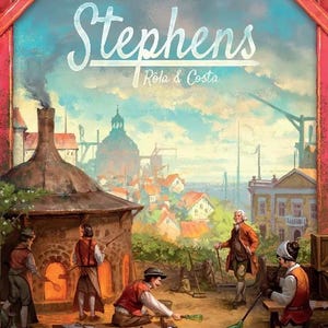 Op de afbeelding: Een bordspeldoos met een kleurrijke illustratie van een stadsscène. De titel van het spel is "Stephens" met de ondertitel "Róla & Costa".