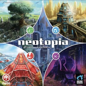 Könnte beinhalten: Spielbox-Cover für Neotopia, ein Spiel von André Santos & Orlando Sá. Das Cover zeigt eine futuristische Stadt mit einem großen, goldenen Gebäude in der Mitte. Der Titel des Spiels ist in großen, fetten Buchstaben über der Box geschrieben.