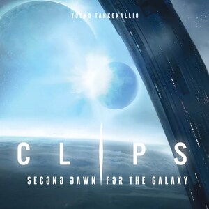 Könnte beinhalten: Digitales Kunstwerk mit einer Himmelslandschaft, einem großen Planeten, einer ringförmigen Struktur und dem Wort "ECLIPSE" in weißen Großbuchstaben. Der Text "SECOND DAWN FOR THE GALAXY" steht darunter. Der Name des Künstlers steht oben.