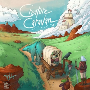 Op de afbeelding: Een blauw, dinosaurusachtig wezen trekt een overdekte wagen met een persoon die binnen zit en een boek leest. De wagen staat op een zandpad in een groen veld met rode rotsformaties op de achtergrond. De tekst "Creature Caravan" staat in de lucht boven de scène.