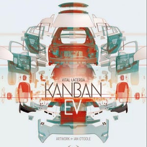 May include: A colourful illustration of a car being assembled, with the text "Kanban EV" and "Vital Lacerda" in the centre. The image is for a board game.