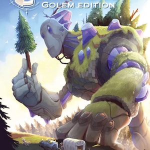 Puede incluir: Una caja de juego con una gran golem de piedra verde con cristales morados incrustados en su cuerpo. El golem sostiene un pequeño árbol en su mano. El texto "Century Golem Edition" está impreso en la caja.