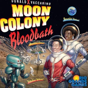 Op de afbeelding: Het bordspel "Moon Colony Bloodbath" heeft een retro-futuristisch ontwerp. De cover art toont astronauten, robots en futuristische stadsgezichten op een maanoppervlak. Tekst bevat "Amazing Cities!" en "Fabulous Robots!"