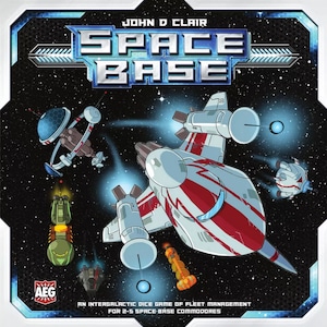 May include: A board game box cover with a space theme. The cover features a white and red spaceship with a blue and white space station in the background. The title of the game is "Space Base" by John D Clair. The game is an intergalactic dice game of fleet management for 2-5 players.