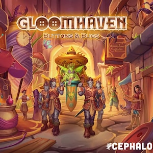 Puede incluir: Un juego de mesa de fantasía llamado Gloomhaven: Buttons & Bugs. El juego presenta una ilustración colorida de una ciudad con edificios, personajes y una gran criatura parecida a un insecto. El texto "#CEPHALOFAIR" está en la parte inferior de la imagen.