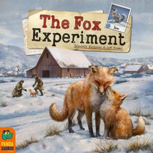 May include: A board game box cover featuring a snowy winter scene with two foxes, one adult and one young, in the foreground. The title of the game is "The Fox Experiment" with the subtitle "Elizabeth Hargrave & Jeff Fraser". The box cover also includes a small photo of a fox with the name "Ivan" written below it.