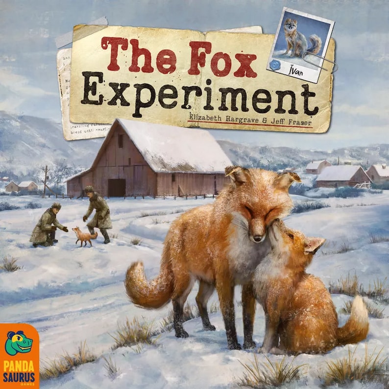 May include: A board game box cover featuring a snowy winter scene with two foxes, one adult and one young, in the foreground. The title of the game is "The Fox Experiment" with the subtitle "Elizabeth Hargrave & Jeff Fraser". The box cover also includes a small photo of a fox with the name "Ivan" written below it.