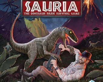 Może przedstawiać: Gra planszowa o nazwie "Sauria: The Dinosaur Park Survival Game" przedstawiająca zielonego dinozaura atakującego mężczyznę z bronią. Grę stworzył Maximilian Dennis i wydała ją firma Millian Games.