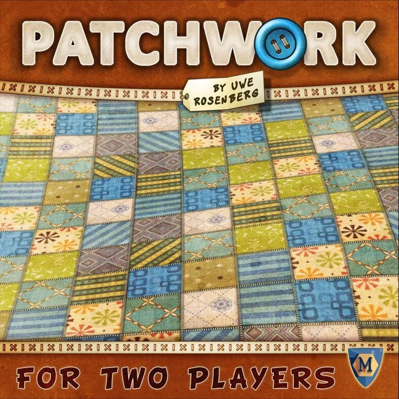May include: A game box for the board game Patchwork by Uwe Rosenberg. The box features a patchwork quilt design and the text "Patchwork" in large, white letters. The text "For Two Players" is printed below the quilt design.