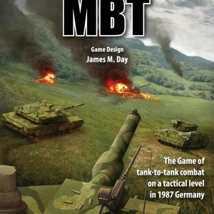 Può includere: Una copertina di gioco da tavolo con un carro armato verde con un motivo mimetico. Il gioco si chiama "MBT: The Game of tank-to-tank combat on a tactical level in 1987 Germany".