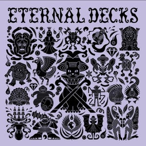 Op de afbeelding: Een lichtpaars grafisch ontwerp met de tekst "ETERNAL DECKS" bovenaan. Het ontwerp bevat talrijke zwarte illustraties van wezens, geometrische vormen en gestileerde figuren, die een unieke artistieke compositie vormen.