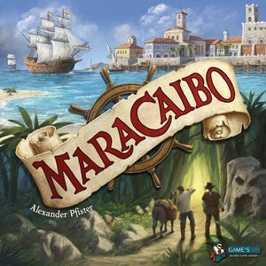 Könnte beinhalten: Ein Brettspiel namens "Maracaibo" mit einem farbenfrohen, illustrierten Schachtelcover. Das Cover zeigt ein Schiff, das auf einem blauen Meer segelt, eine tropische Insel und ein großes, stilisiertes Banner mit dem Titel des Spiels. Das Spiel wurde von Alexander Pfister entworfen.