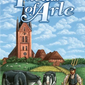 May include: A board game box cover featuring a colorful illustration of a rural landscape with a church, houses, cows, and a farmer with a pitchfork. The title "Fields of Arle" is written in a large, stylized font. The game is by Uwe Rosenberg and published by Z-Man Games.