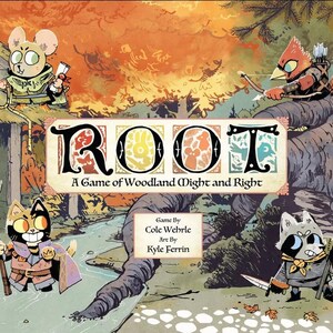 Op de afbeelding: Het bordspel "Root" wordt getoond, met bosdieren in een bosrijke omgeving. De titel wordt weergegeven met de slogan "A Game of Woodland Might and Right". Personages zijn onder meer een muis, kat, vogel en wasbeer, elk met unieke wapens.