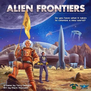 Könnte beinhalten: Ein Brettspielcover mit einer futuristischen Szene, in der zwei Astronauten auf einem felsigen Planeten stehen. Das Spiel heißt "Alien Frontiers" und der Slogan lautet "Hast du das Zeug dazu, eine neue Welt zu kolonisieren?"
