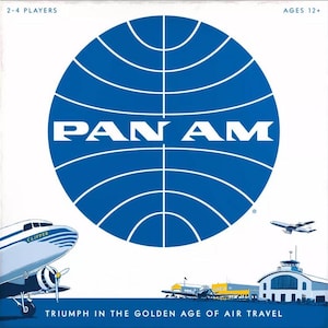 May include: A vintage board game box featuring the Pan Am logo, a blue globe with white lines, and the text "PAN AM" in white. The box also features a vintage airplane and the text "Triumph in the Golden Age of Air Travel".