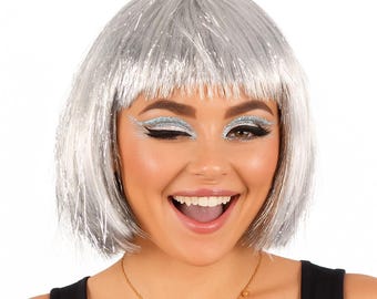Metallic Silver Bob Wig Disco 1970s Fancy Dress Costume Halloween Glitter
