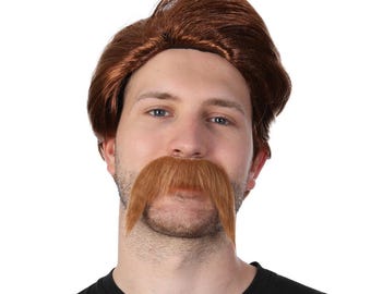 Brown Disco Wig and Tash 1970s 1980s Fancy Dress Costume Party