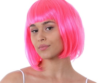 Pink Bob Wig Neon Fancy Dress Cosplay 1980s Party Festival
