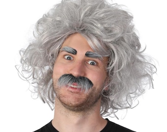 Mad Scientist Wig & Moustache Set Grey Hair Halloween Zombie Hair Costume