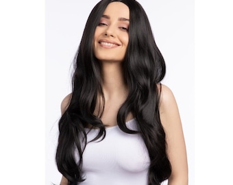 Deluxe Black Long Wavy  Wig Heat Resistant Fringeless Hair