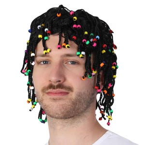 May include: Black wig with multiple braids, each adorned with colorful beads. The wig is designed to resemble dreadlocks and is likely intended for costume or novelty use. The beads are in various colors, including yellow, green, pink, and orange.