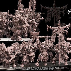 May include: A group of brown-toned minotaur figures, each holding a weapon, arranged as a regiment. The image includes text that reads "MINOTAURS WITH GREAT WEAPONS BATTLE-READY REGIMENT" and "BATTLE-READY TROOPS". The figures are highly detailed.