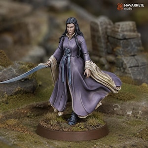 May include: A miniature figurine of a female character with long dark hair, wearing a long purple coat with cream-coloured inner lining and a corset-style waist detail. The figure holds a curved silver sword and stands on a circular brown base.