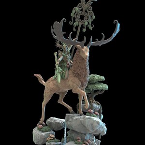 May include: A detailed figurine depicting a mythical scene. A figure with antlers rides a large deer, with a flowing mane, atop a rocky landscape with a waterfall and mushrooms. The figurine has a decorative element above the deer's antlers.