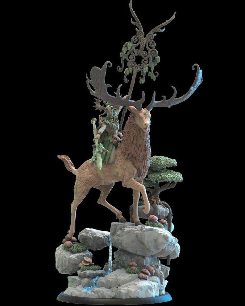 May include: A detailed figurine depicting a mythical scene. A figure with antlers rides a large deer, with a flowing mane, atop a rocky landscape with a waterfall and mushrooms. The figurine has a decorative element above the deer's antlers.