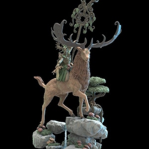 May include: A detailed figurine of a deer with large antlers, carrying a figure in a green dress. The deer stands on a rocky base with a waterfall and small mushrooms. A decorative element is above the deer's head.