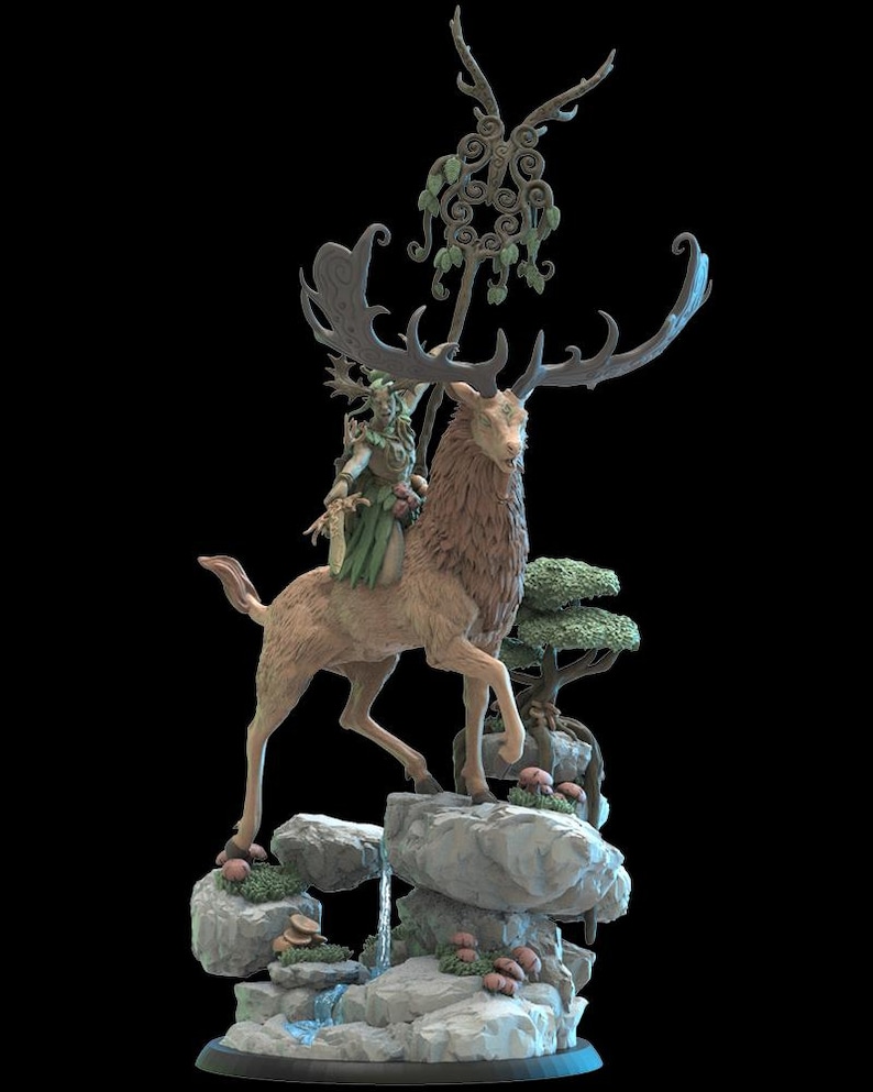 May include: A detailed figurine of a deer with large antlers, carrying a figure in a green dress. The deer stands on a rocky base with a waterfall and small mushrooms. A decorative element is above the deer's head.