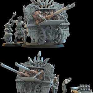 Peut inclure: Une maquette grise détaillée d'une machine de guerre avec plusieurs canons, des pointes et des sculptures complexes. Plusieurs petites figurines se tiennent à proximité, suggérant un thème fantastique ou de jeu de société. Le design est très détaillé et texturé.