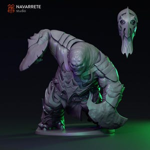 May include: A grey, unpainted miniature figurine of a hulking, muscular creature in a dynamic combat stance. The figure wears segmented armour plates, a belt, and carries a large, heavy weapon. A separate, detailed helmet piece is shown floating above.