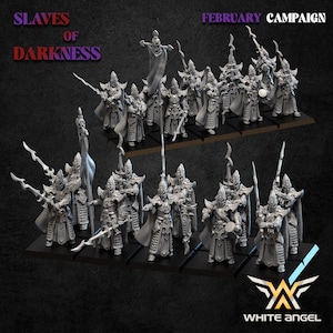 Può includere: Figurine in miniatura di guerrieri fantasy in armature ornate, poste su basi nere. L'immagine presenta il testo "Slaves of Darkness" e "February Campaign". Il logo White Angel è visibile. Le figurine sono grigie.