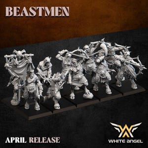 Peut inclure: Ensemble de figurines blanches de Beastmen, chacune avec une armure et des armes uniques, sur des socles noirs individuels. Les figurines comprennent des archers, des guerriers et des porte-drapeaux. Le texte "BEASTMEN" et "APRIL RELEASE" sont visibles.
