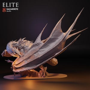 May include: A detailed sculpture of a dragon with large, textured wings and sharp spines. The dragon is posed on a rocky base, with the text "ELITE NAVARRETE studio" in the upper left corner. The dragon's scales and wings are a light colour.
