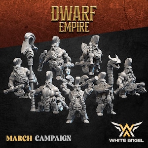 Könnte beinhalten: Eine Sammlung grauer Zwerg-Miniaturfiguren mit verschiedenen Waffen und Rüstungen. Die Figuren haben detaillierte Bärte und Mohawk-Frisuren. Das Bild enthält den Text "Dwarf Empire", "March Campaign" und das White Angel-Logo.
