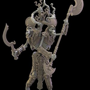 May include: A detailed, gray 3D-printed figurine of a skeletal pharaoh-like figure. The figure holds a curved blade in one hand and a large axe in the other. It has a headdress with scales and a balance scale on top. The figure is standing on a small base.