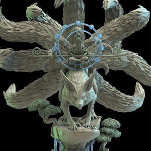May include: A detailed sculpture of a nine-tailed fox with a serene figure seated in meditation. The fox is depicted with large, pointed ears and a focused gaze. The sculpture features intricate details, including flowing tails and a circular halo.