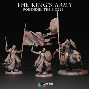 May include: Three detailed figurines of warriors from "The King's Army" are displayed. One figure is mounted on a horse, while the others stand, holding swords and flags. The figures are in a neutral colour, with intricate armour and flowing capes. The text "FORENDIR, THE NOBLE" is at the top.