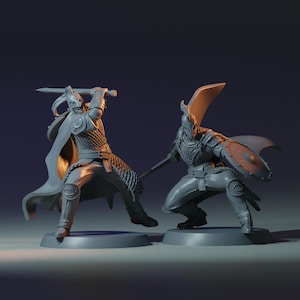 May include: Two grey unpainted miniature warrior figurines in dynamic combat poses. The left figure holds a sword overhead, wearing chainmail and a cape. The right figure crouches with a shield and sword, both wearing detailed helmets and armour.